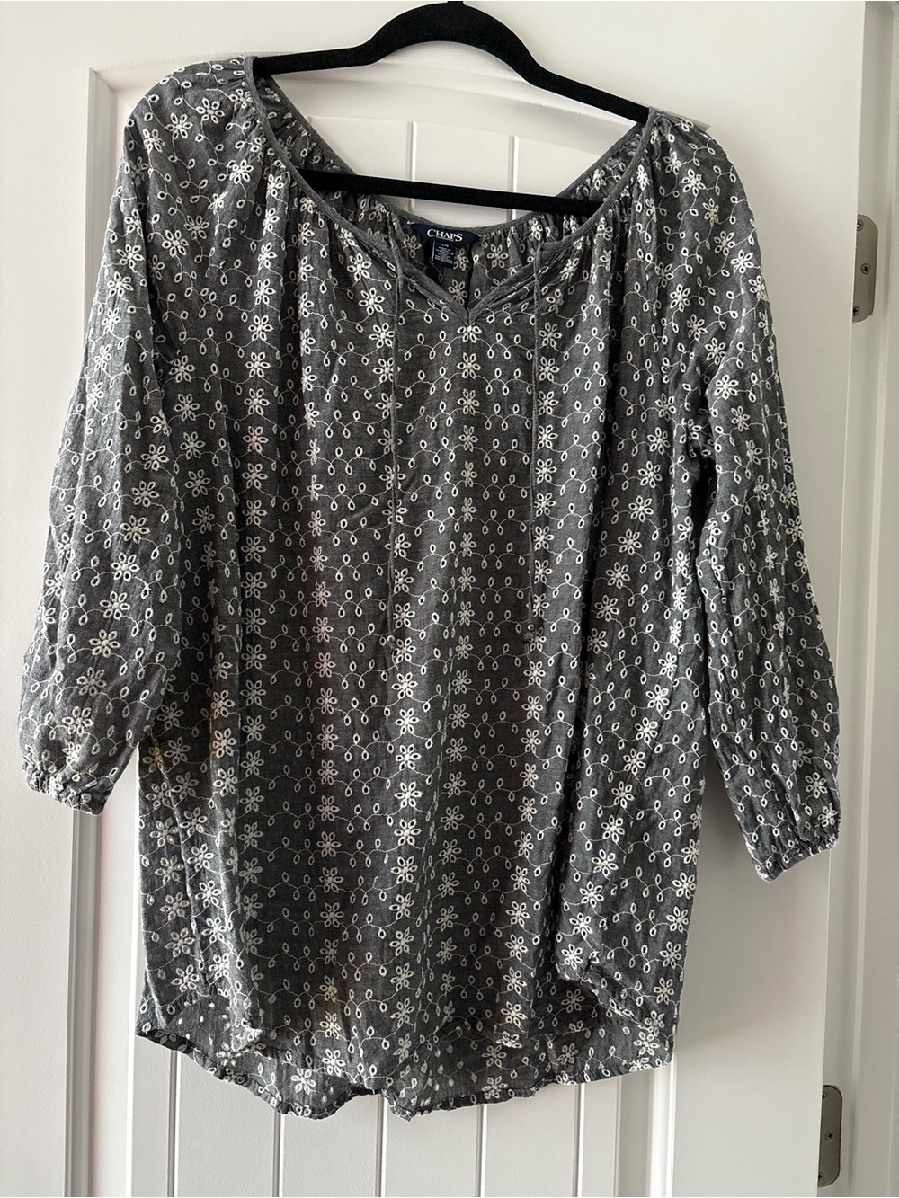 Chaps Women's Gray Eyelet Floral Peasant Blouse